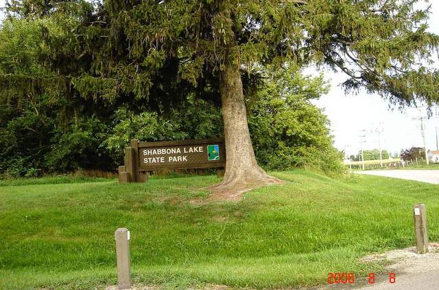 A wooden Shabbona Lake State Park sign beneath a large pine tree in Illinois