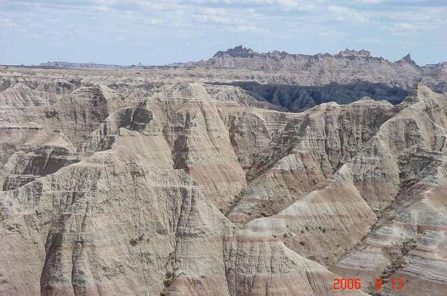 A panoramic view of the Badlands' striped, eroded rock formations
