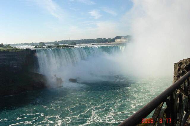 A view along the Niagara River gorge toward the falls, with hotels and a bridge in the distance