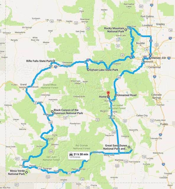 A Google Maps route overview of the 1,078-mile loop through Colorado, marking Great Sand Dunes, Mesa Verde, Black Canyon of the Gunnison, Rifle Falls, Sylvan Lake, and Rocky Mountain National Parks