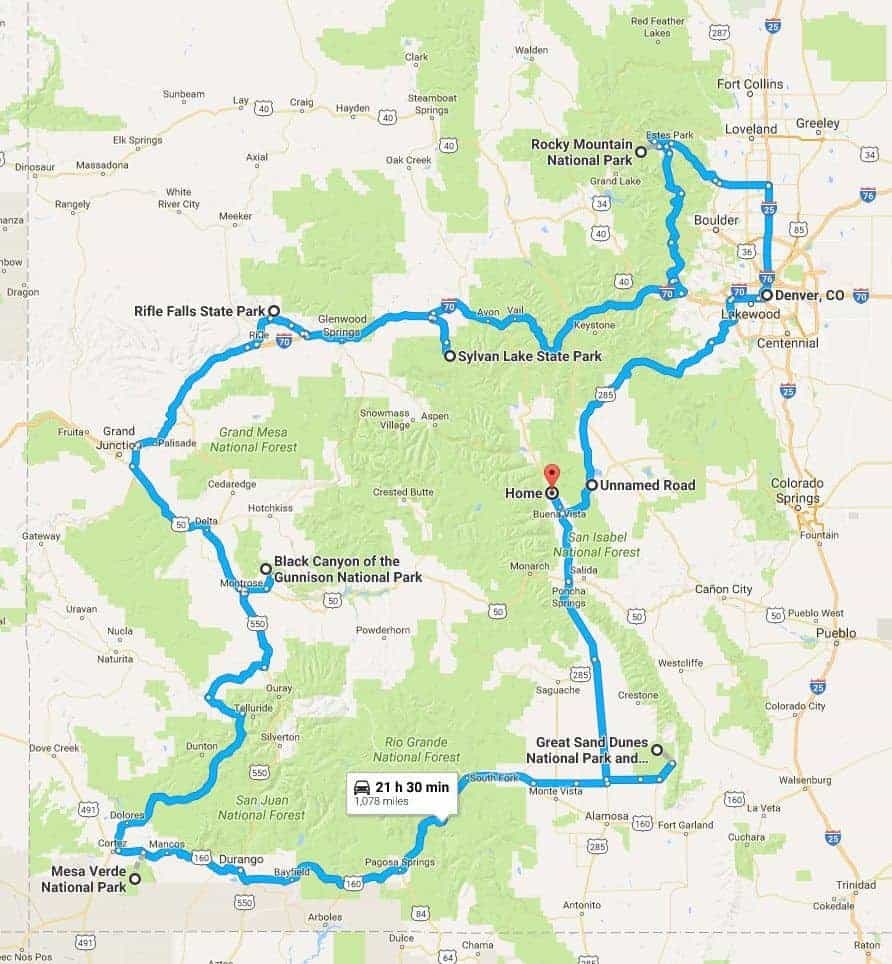 A Google Maps route overview of the 1,078-mile loop through Colorado, marking Great Sand Dunes, Mesa Verde, Black Canyon of the Gunnison, Rifle Falls, Sylvan Lake, and Rocky Mountain National Parks