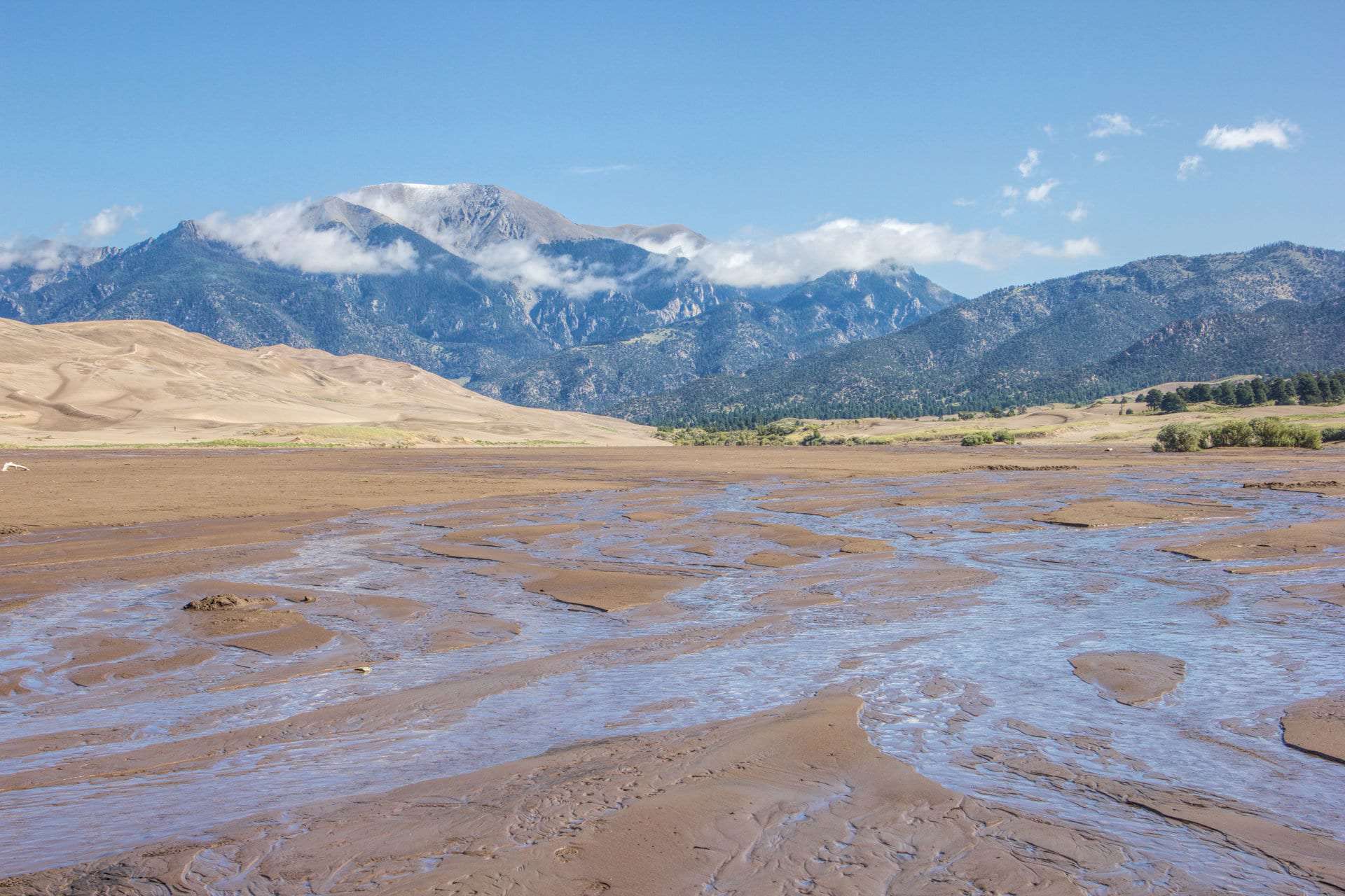 Sweeping sand dunes framed by snow-dusted peaks, with a wide sheet of shallow water and wet sand in the foreground