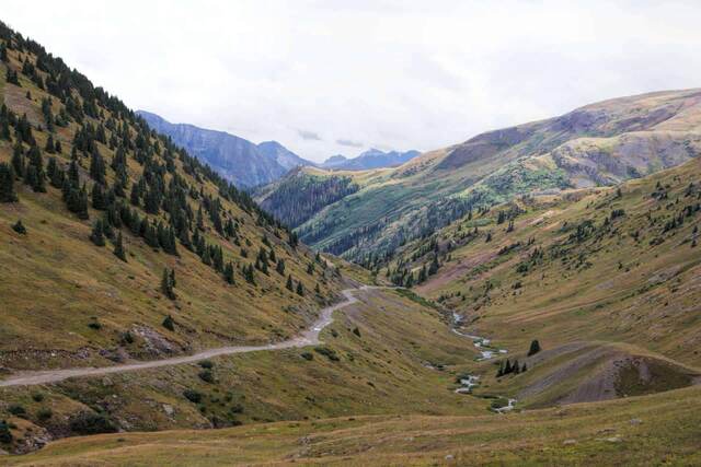 A gravel road winding through a grassy alpine valley between forested slopes toward distant mountains