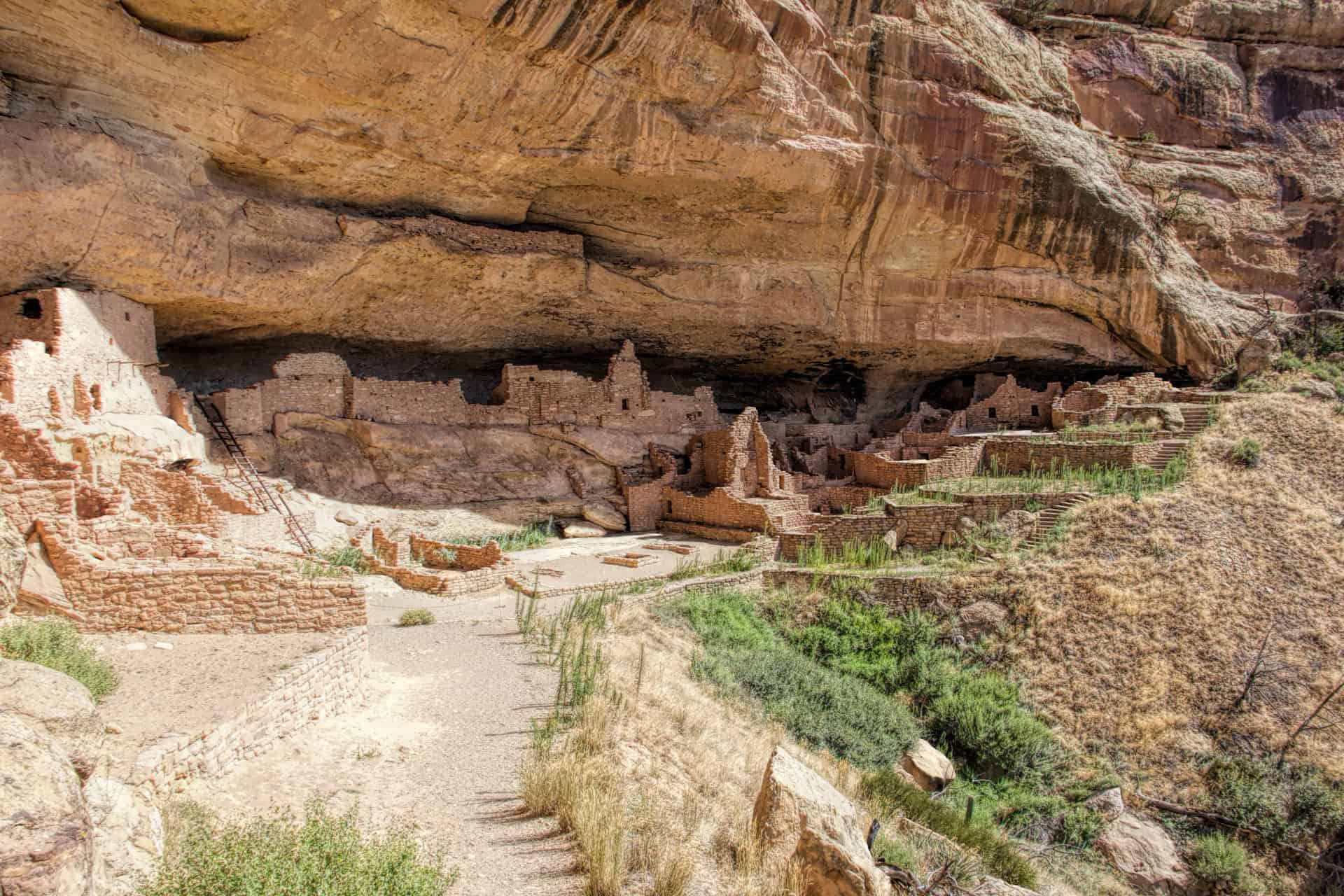 Multi-story cliff dwelling ruins built into a deep sandstone alcove, with ladders and stacked stone rooms