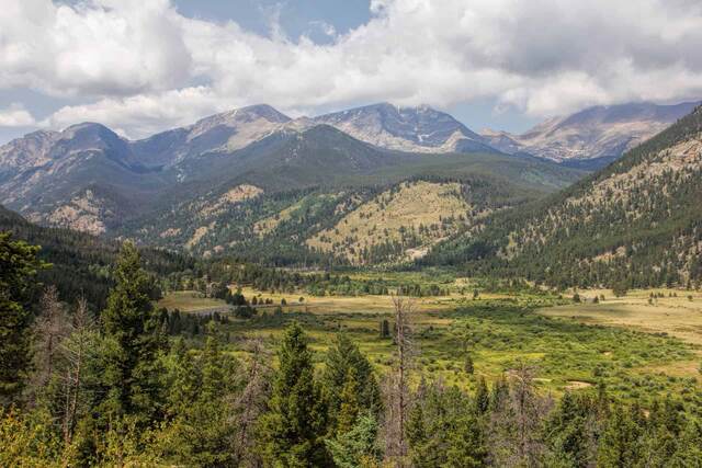A forested valley in Rocky Mountain National Park with a road winding below rugged, cloud-capped peaks