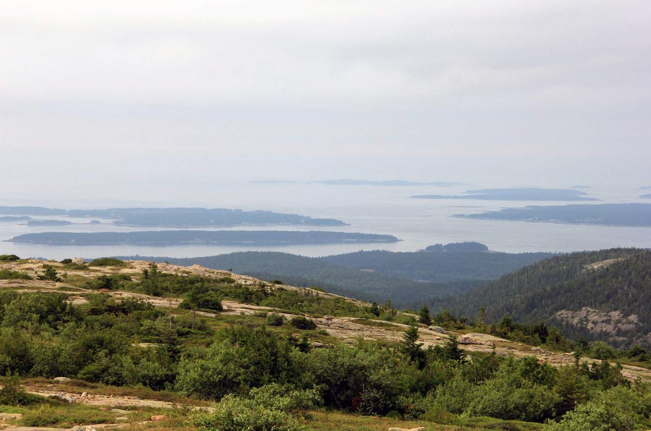 A hazy view of Frenchman Bay's islands from a rocky summit in Acadia National Park, framed by low shrubs