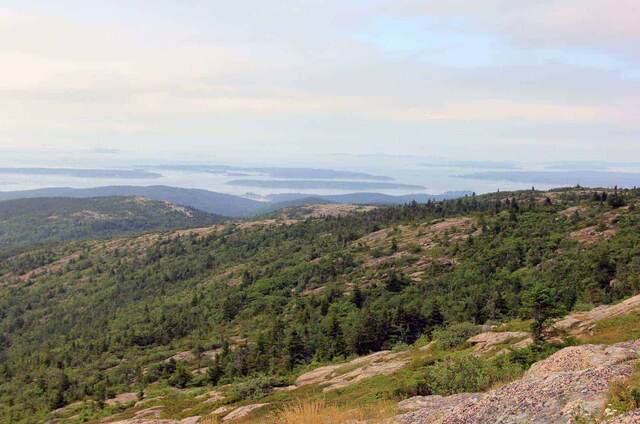 A forested valley and distant islands seen from a granite summit in Acadia National Park
