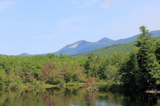 Mount Katahdin seen across a calm pond fringed with trees showing early fall color