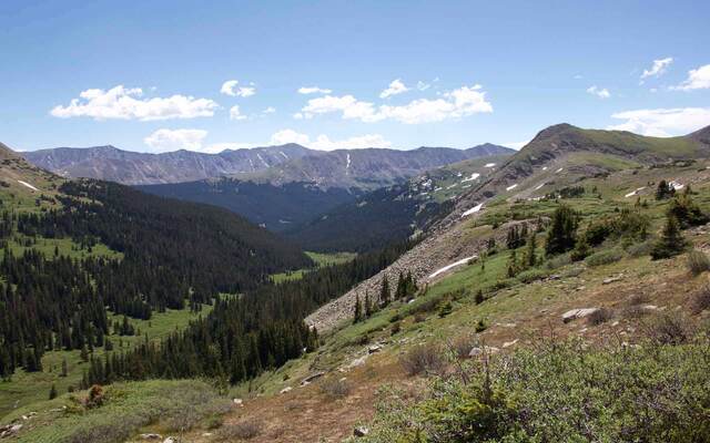 A sweeping view down a forested valley toward layered mountain ridges under a partly cloudy sky