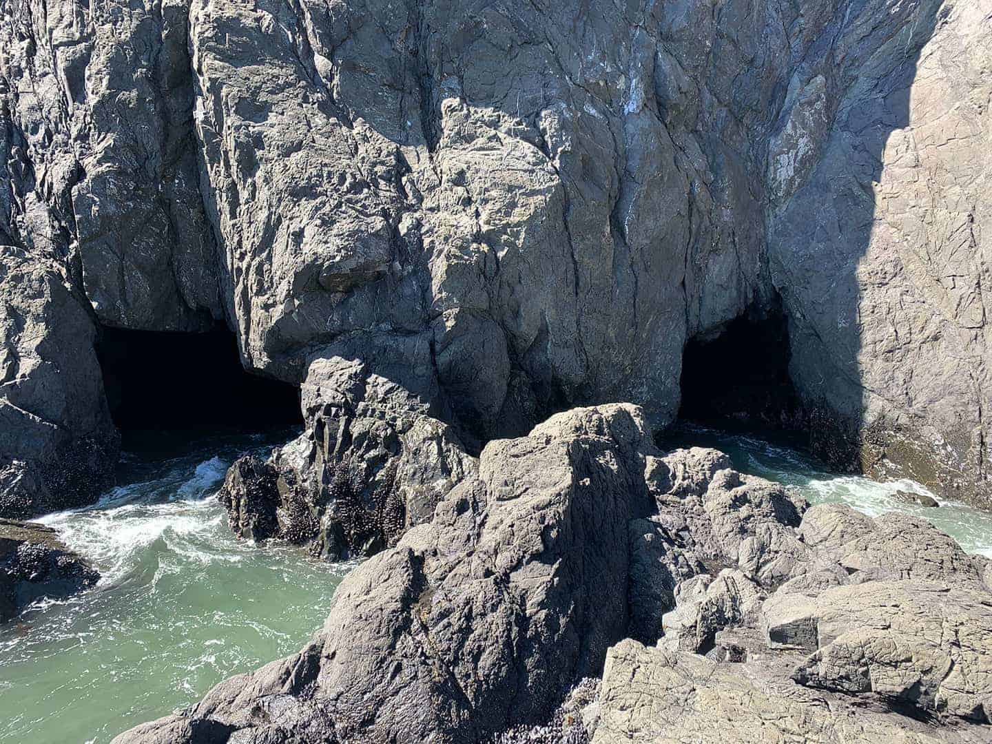 A closer view of two sea cave entrances in the cliff face, with waves washing between the rocks
