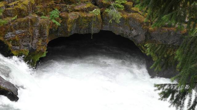 Whitewater surging beneath a moss-covered natural rock arch on the Rogue River