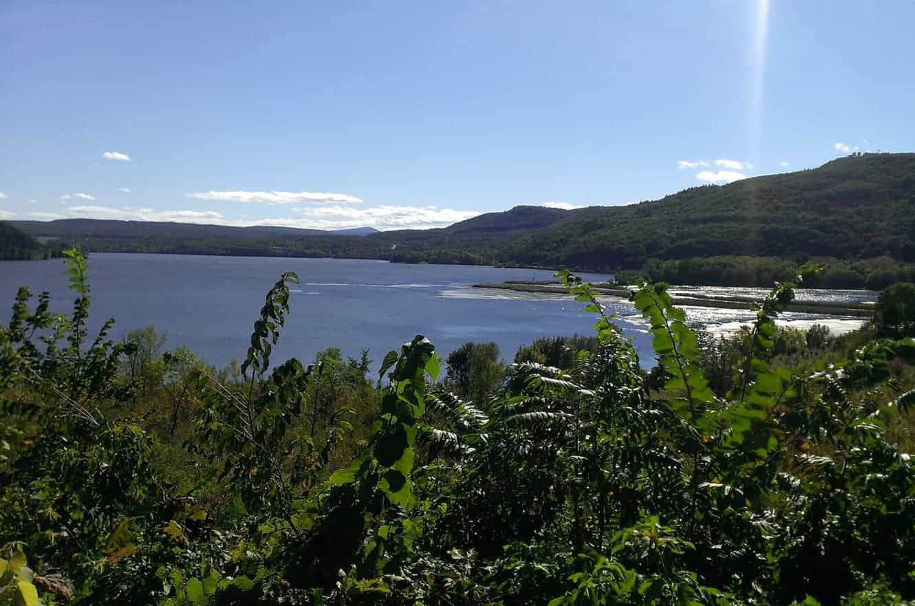 A tranquil view of Lake Champlain and the surrounding forested hills from Fort Ticonderoga