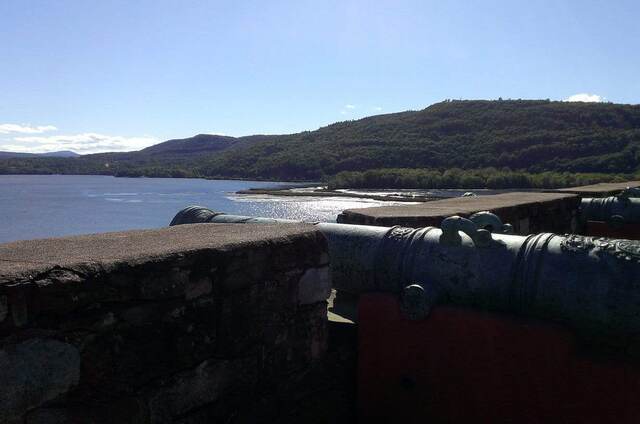A view of Lake Champlain from behind one of the fort's cannons on the ramparts