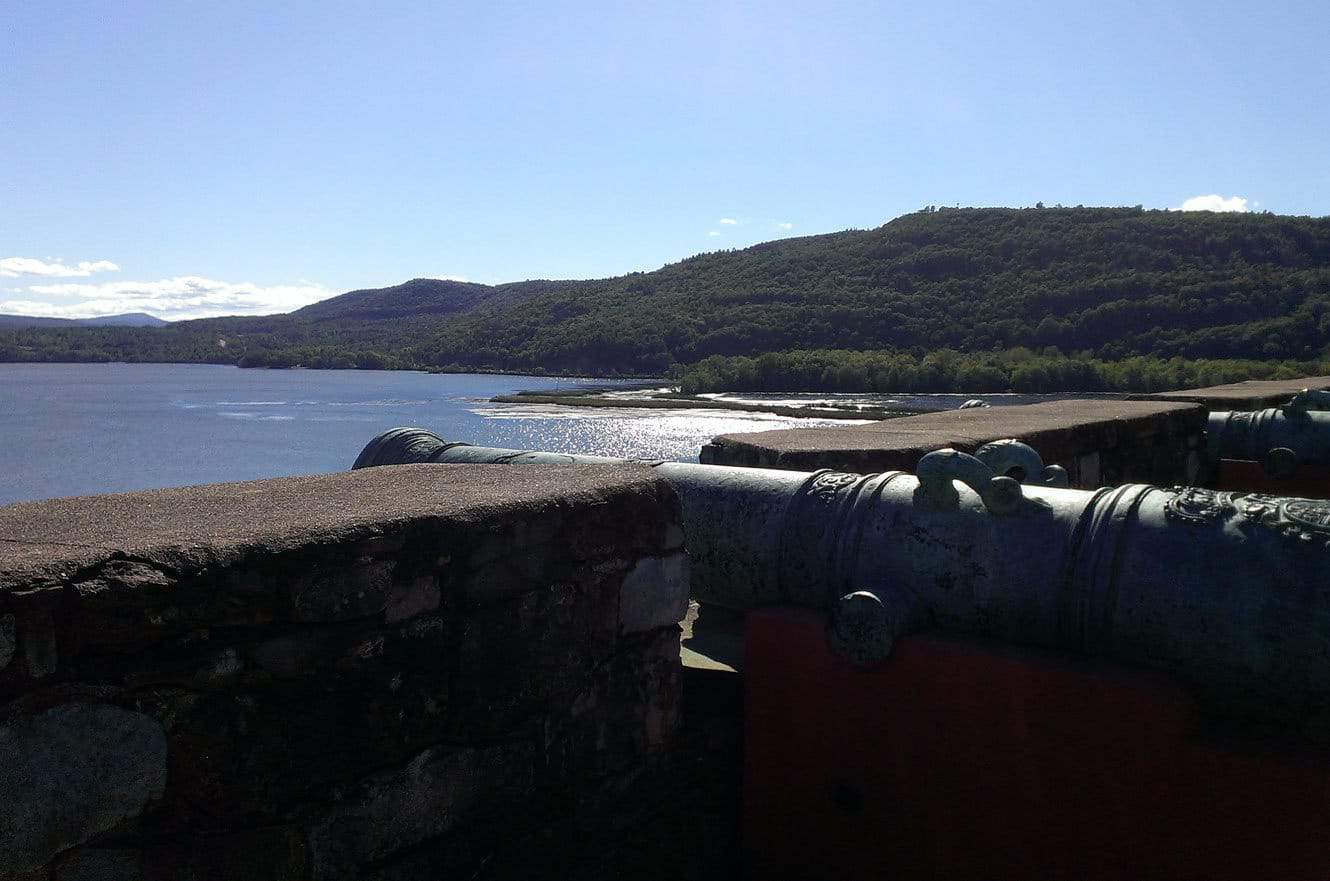 A view of Lake Champlain from behind one of the fort's cannons on the ramparts