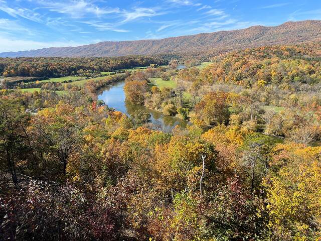 The Shenandoah River winding through fall foliage at Shenandoah River State Park
