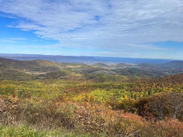 A panoramic mountain valley view with fall foliage below