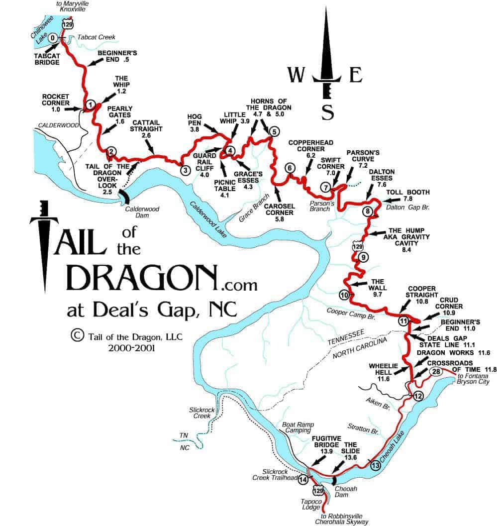 A map of the Tail of the Dragon's 318 curves along US 129 at Deals Gap, North Carolina