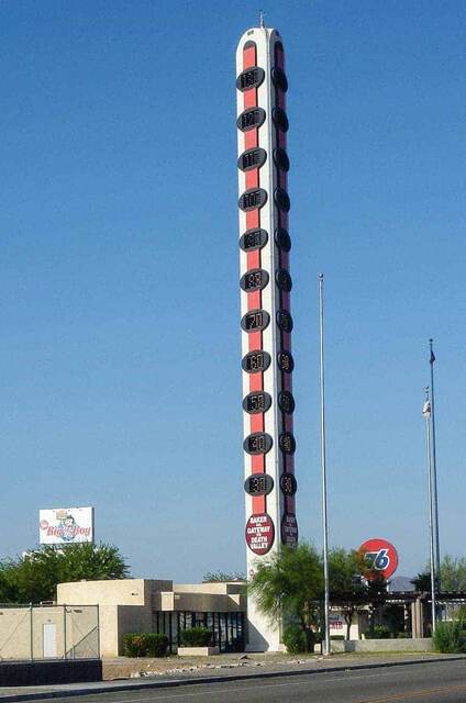 The World's Tallest Thermometer towering over the town of Baker, California