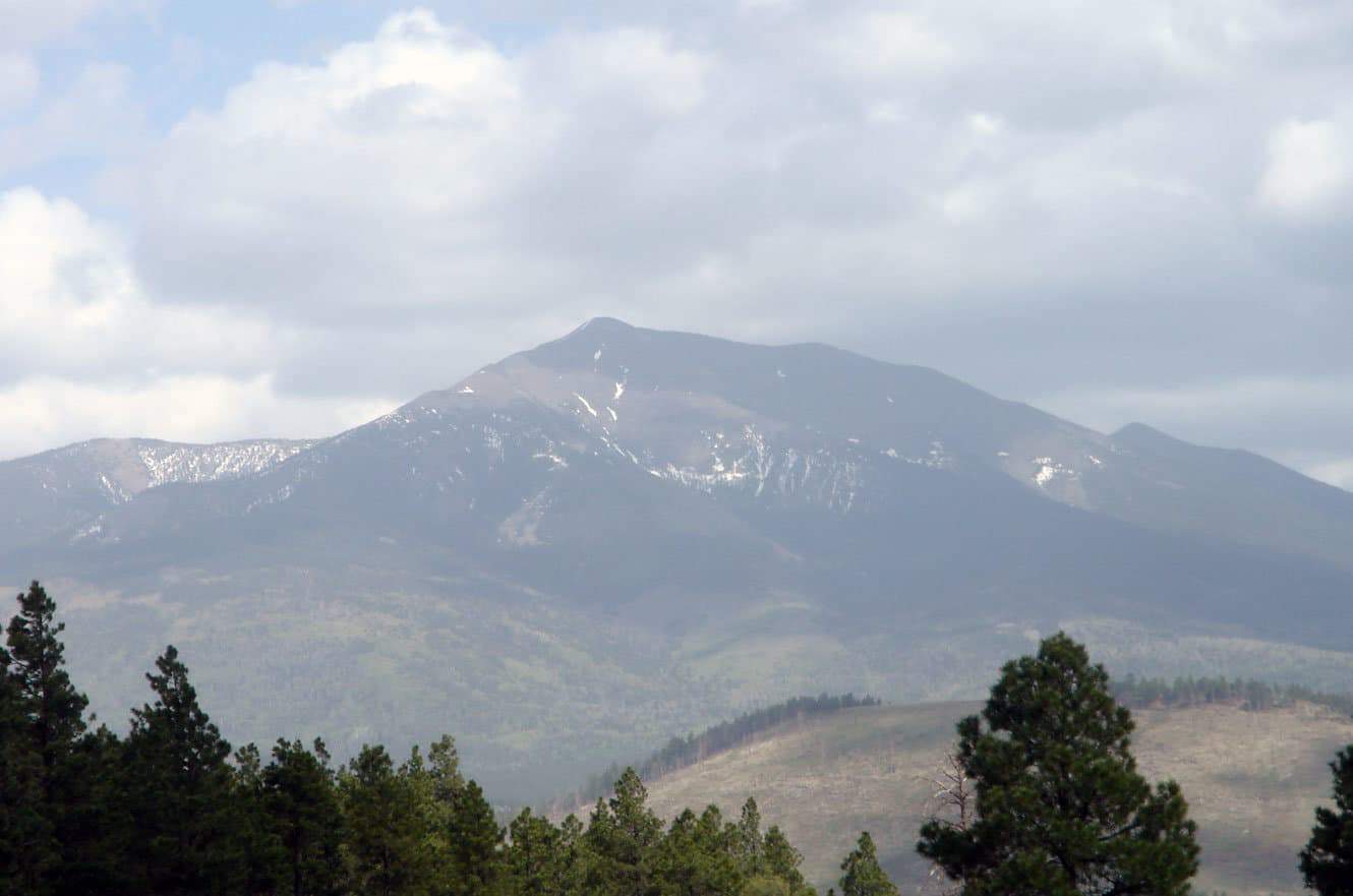 The snow-streaked San Francisco Peaks rising above the forest near the Grand Canyon's South Rim