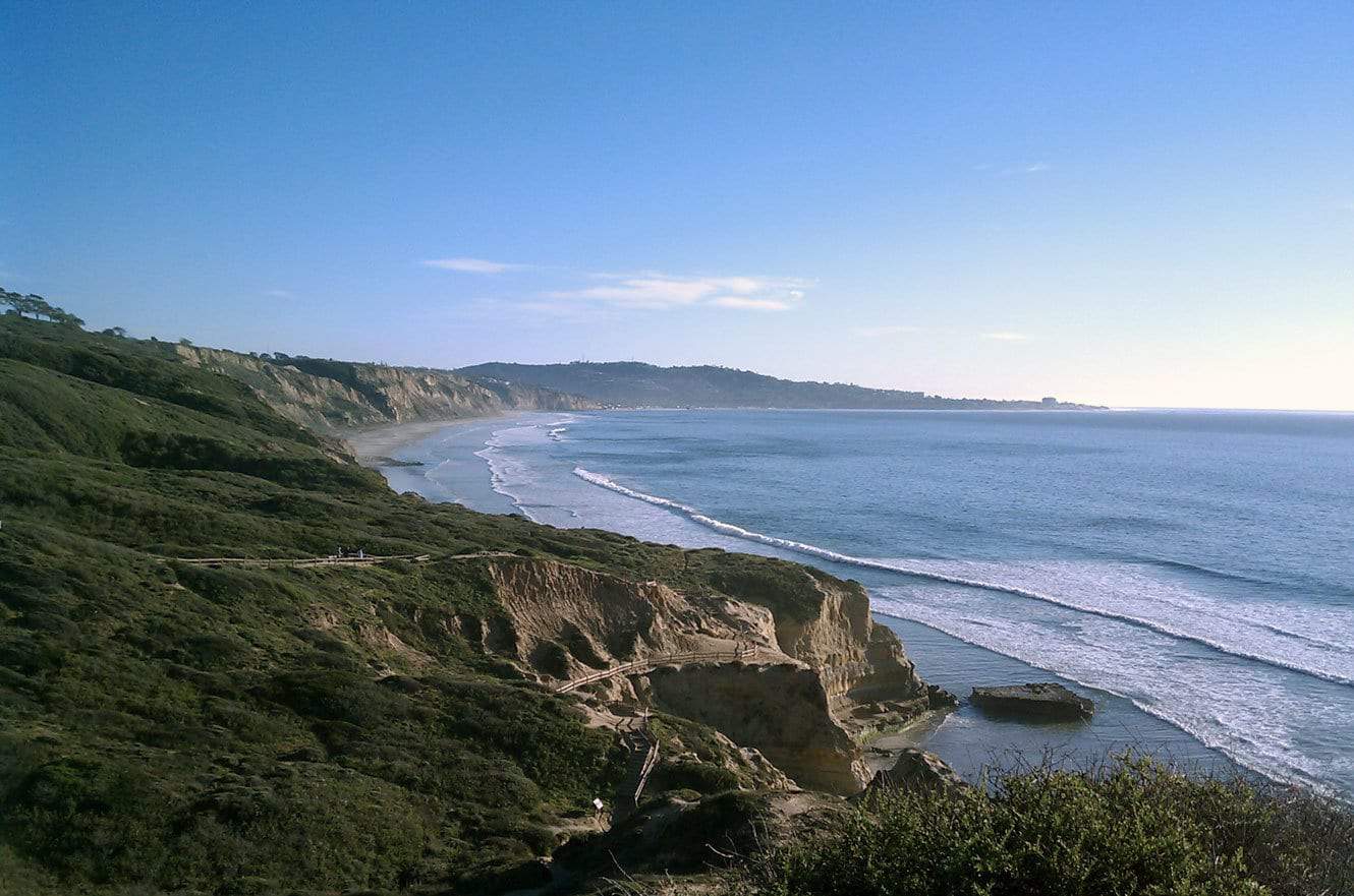 A sweeping view of the Torrey Pines coastline, with cliffs curving along the Pacific Ocean
