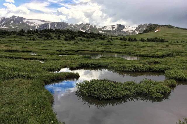 A marshy alpine plateau with small reflective tarns, snow-patched peaks, and storm clouds gathering overhead