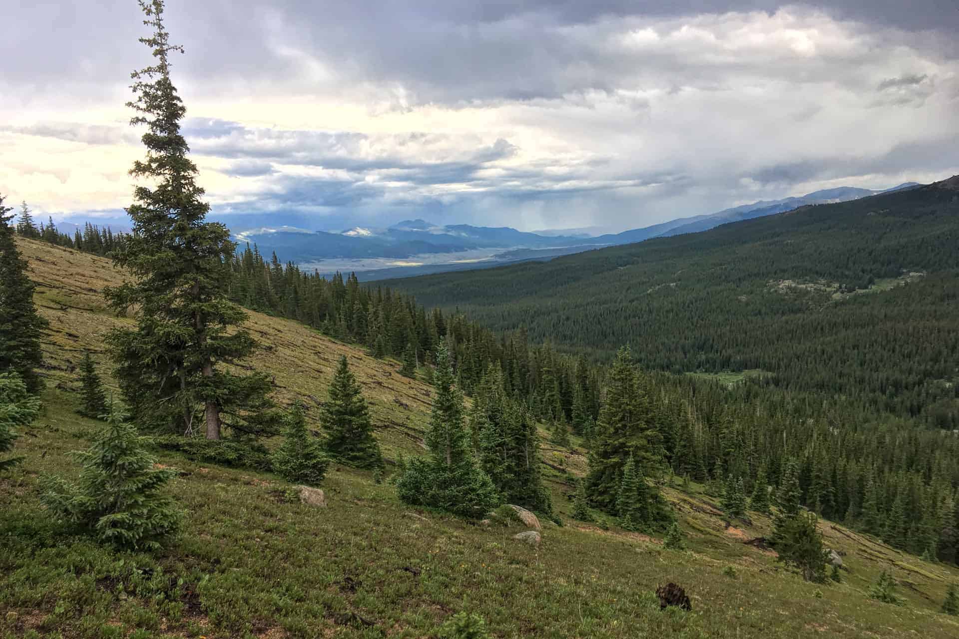 A wide view down a forested valley toward hazy mountains under a stormy sky, with a small town visible in the distance