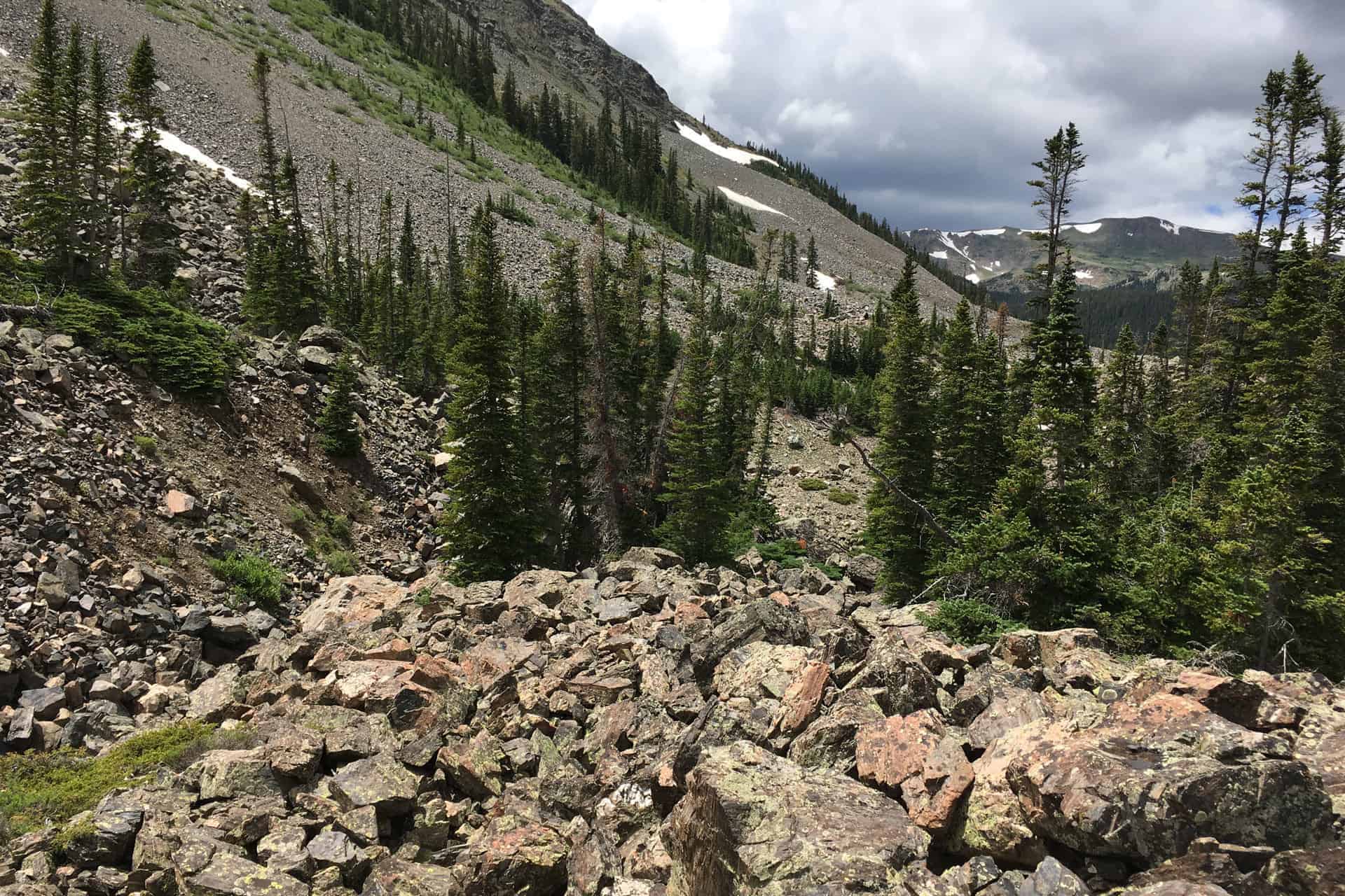 A steep talus slope of broken rock and scattered spruce trees below a ridge with patches of snow, storm clouds gathering above