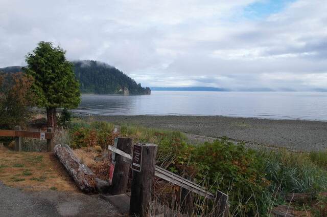 A wooden trail signpost overlooking a rocky beach and calm bay under a foggy sky