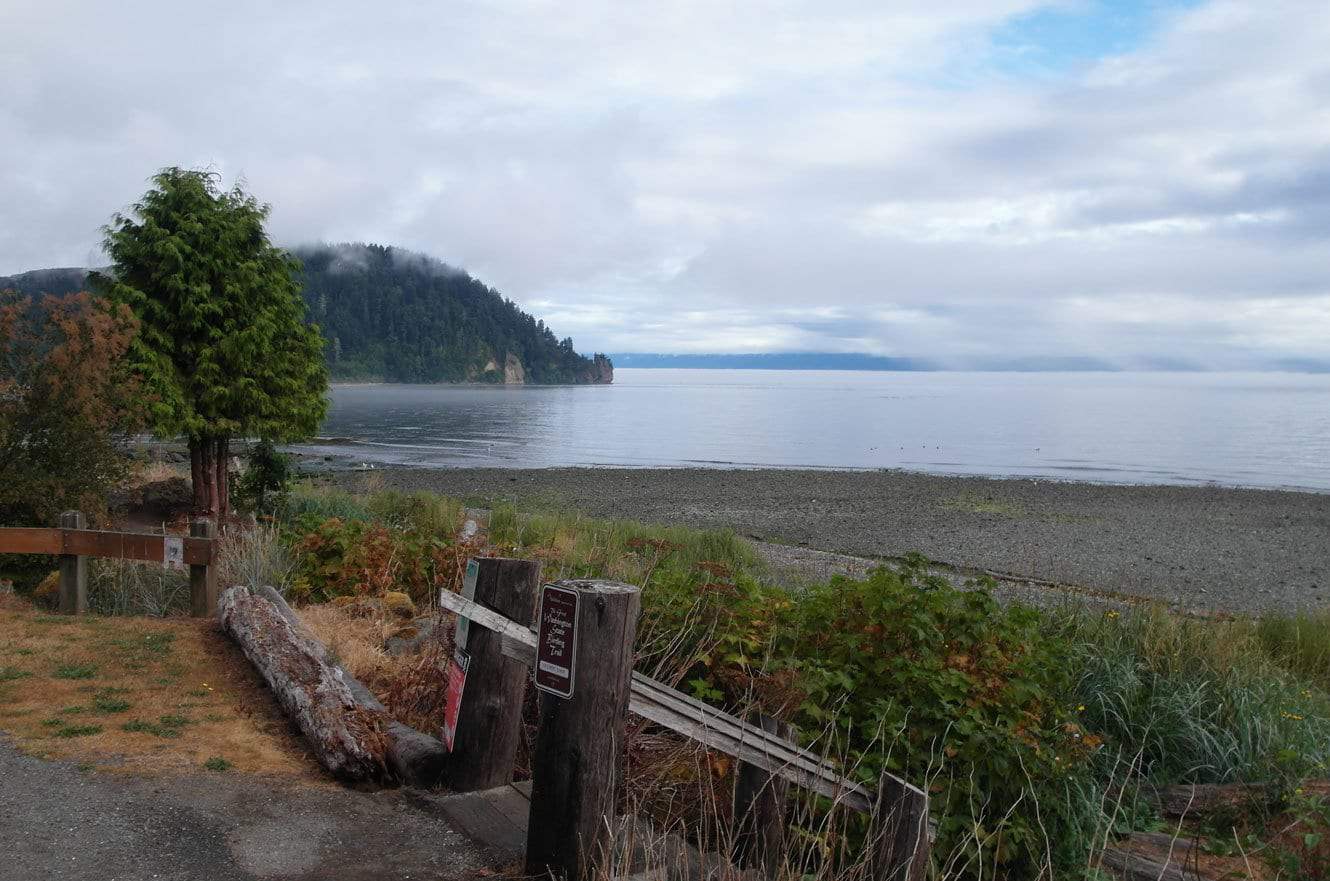 A wooden trail signpost overlooking a rocky beach and calm bay under a foggy sky