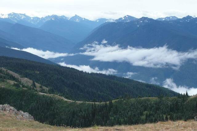 Snow-streaked mountain peaks rising above forested ridges and drifting clouds