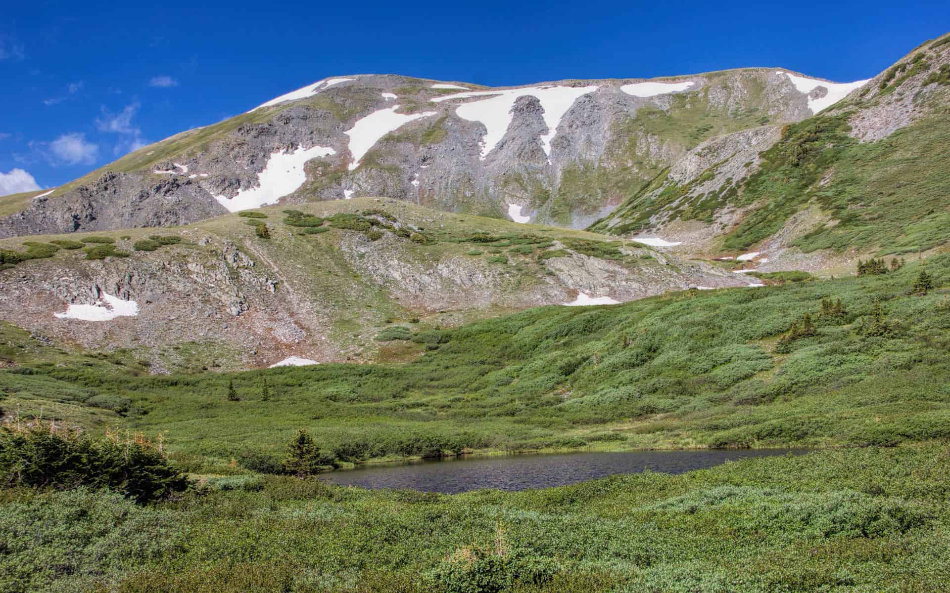 A small dark tarn in a grassy basin below a steep, snow-streaked rocky mountainside