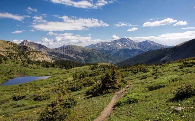 A dirt trail winding down through a wildflower meadow past a small lake, with layered mountain ridges under a partly cloudy sky