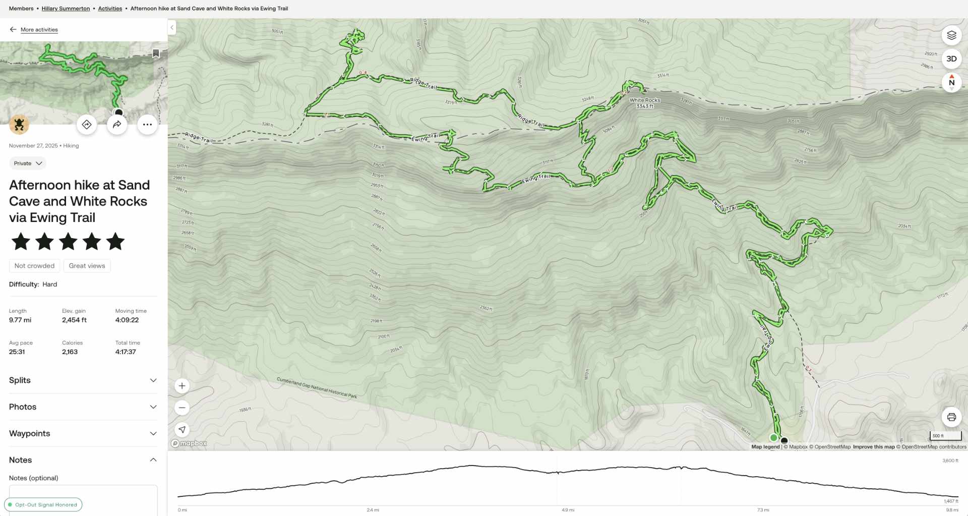 Screenshot of ALLTrails map with completed hike