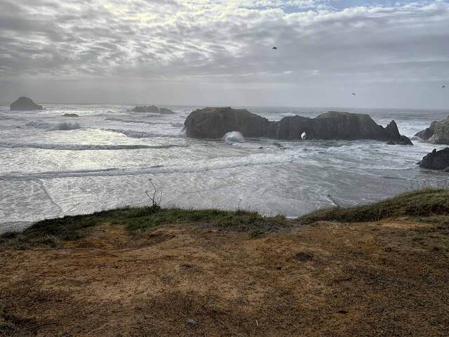 Sea stacks and crashing waves seen through fog at Bandon, Oregon