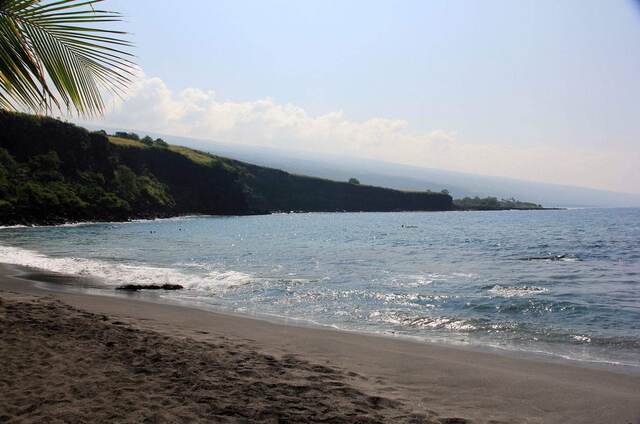 Ho'okena Beach's dark sand shoreline framed by a palm frond, with a headland curving into the bay