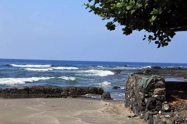 The rocky end of Ho'okena Beach with a lava rock wall beneath a shade tree