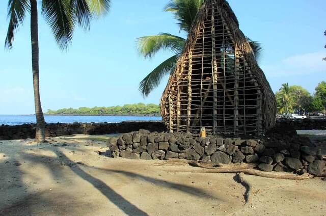 A reconstructed thatched hale on the shoreline at Pu'uhonua O Hōnaunau, framed by palm trees