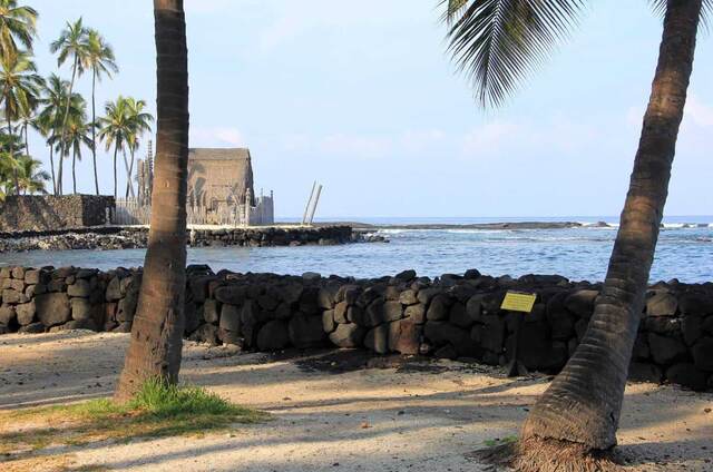 The thatched hale seen across the bay between two palm trees at Pu'uhonua O Hōnaunau