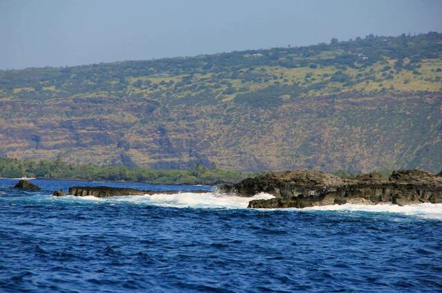 A distant view of the Kona coastline's cliffs and green hillside from the water