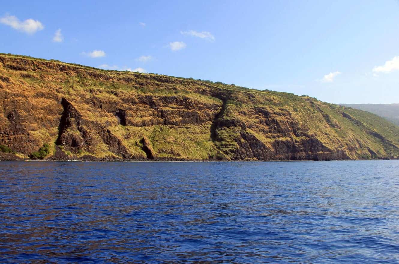 A green hillside sloping down to the rocky coastline, seen from the water