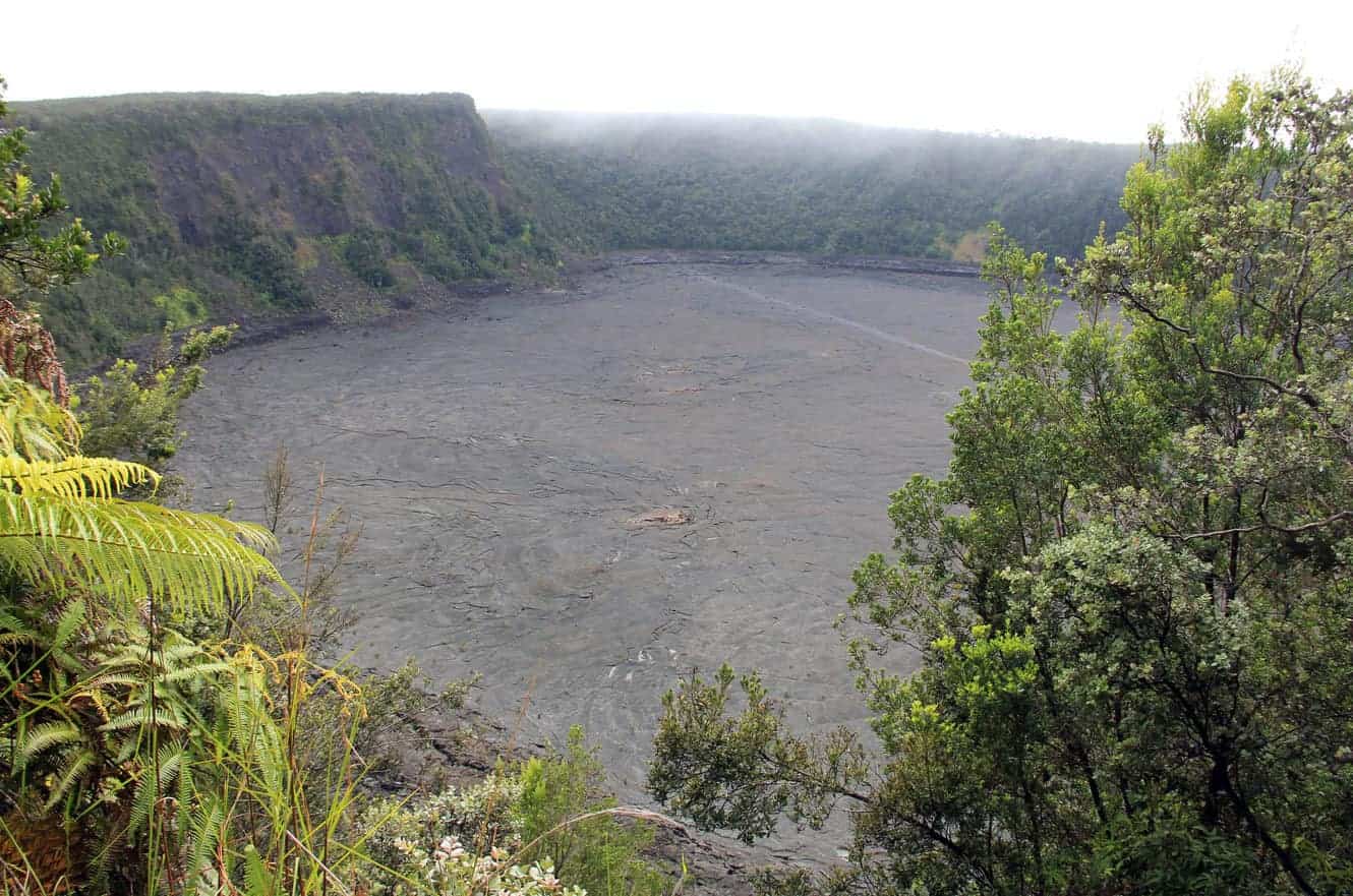 View down into the Kilauea Iki crater floor from the rim trail, ringed by forested cliffs