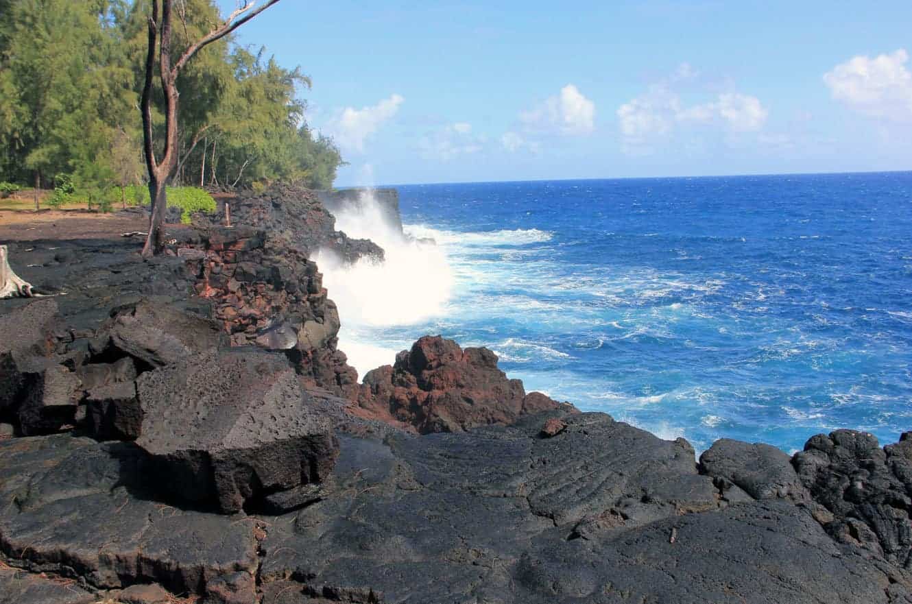 Waves breaking against black lava cliffs at MacKenzie State Park