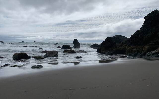 A misty, overcast beach scene with dark rock formations and a tall sea stack in the surf