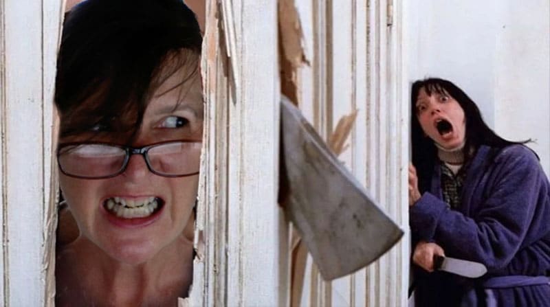 Me peering through a hole in a splintered door, recreating the "Here's Johnny!" scene from The Shining, beside the original film still